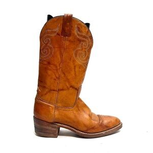 Vintage 1970s men’s tan marbled leather mid calf western style cowboy boots